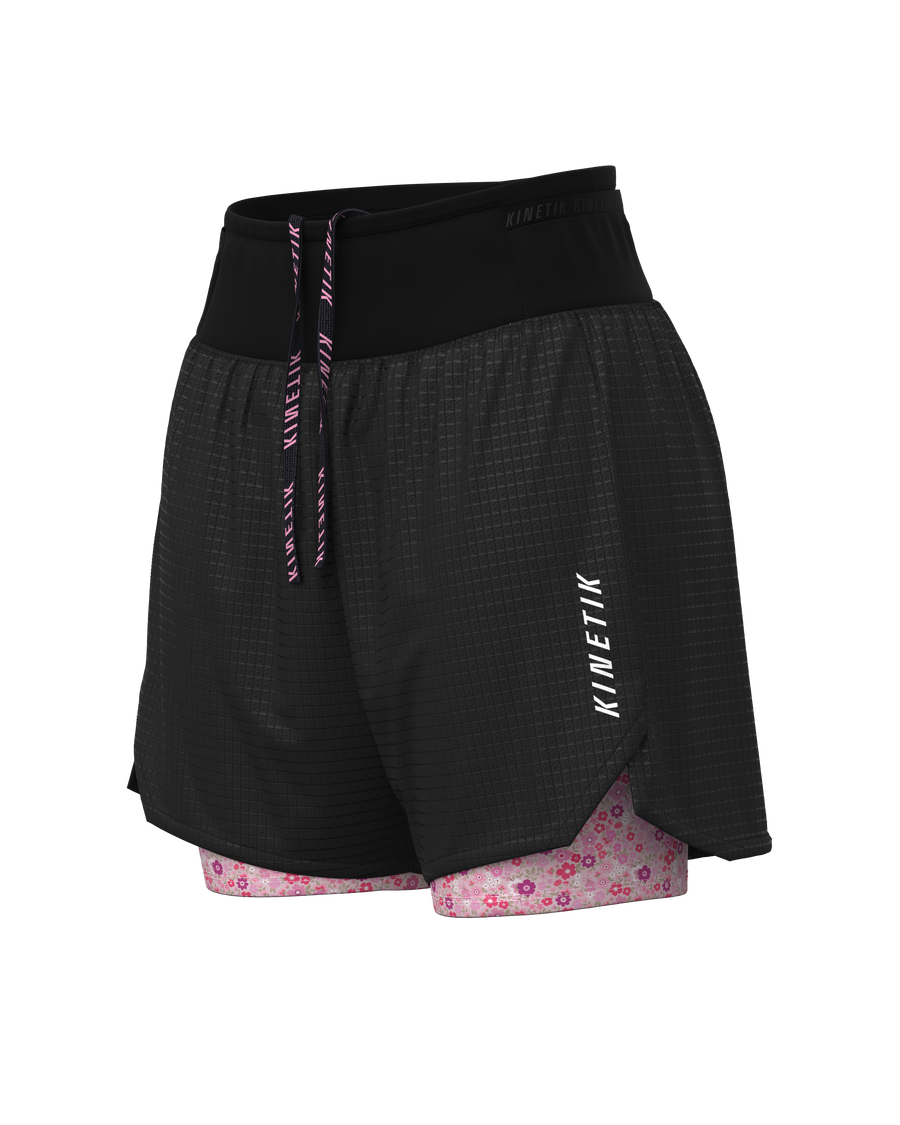 AEROK ULTRA TRAIL FLORAL BLACK-Shorts-short avec cuissard femme trail running-kinetik-adrenalink