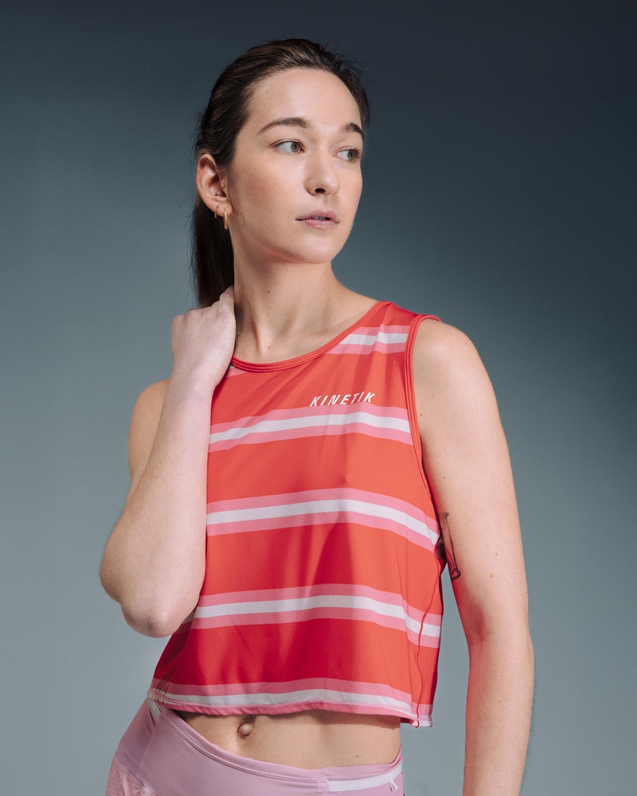 MAVRIK CROP TOP RED CREAM STRIPE - Tee-shirts - maillot sans manches crop top trail-running femme - kinetik-adrenalink