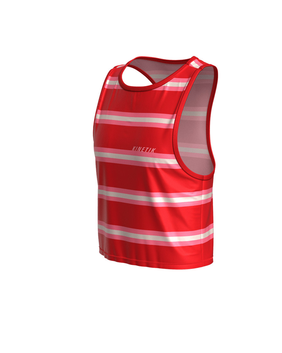 MAVRIK CROP TOP RED CREAM STRIPE - Tee-shirts - maillot sans manches crop top trail-running femme - kinetik-adrenalink